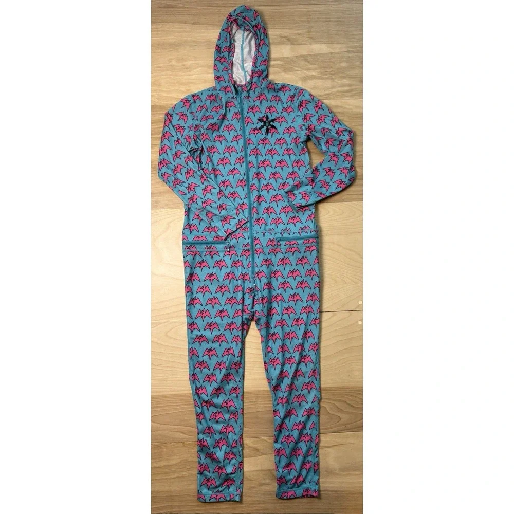 Airblaster One Piece Ninja Suit Youth M 8-10 Blue Pink Bat Print Hooded Camping